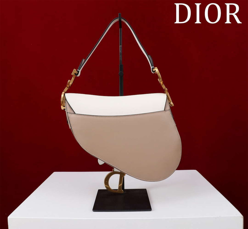 Dior M0455 Saddle Bag With Strap plain weave White and Nude Calfskin M0456