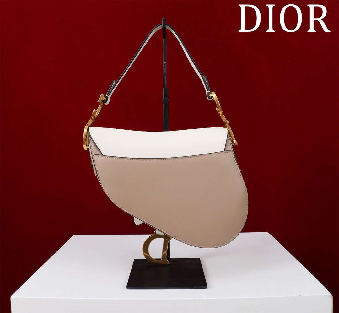 Dior M0455 Saddle Bag With Strap plain weave White and Nude Calfskin M0456