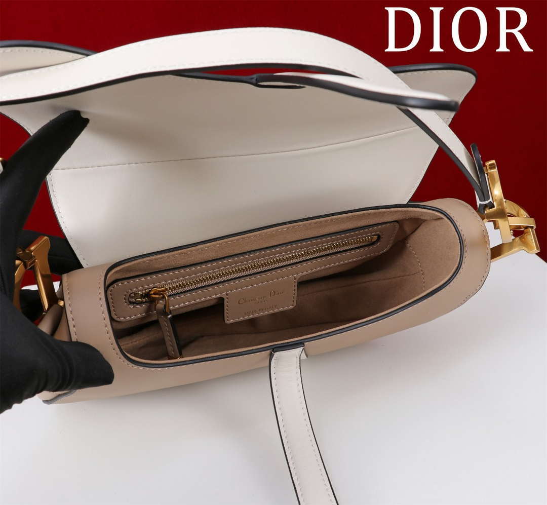 Dior M0455 Saddle Bag With Strap plain weave White and Nude Calfskin M0456