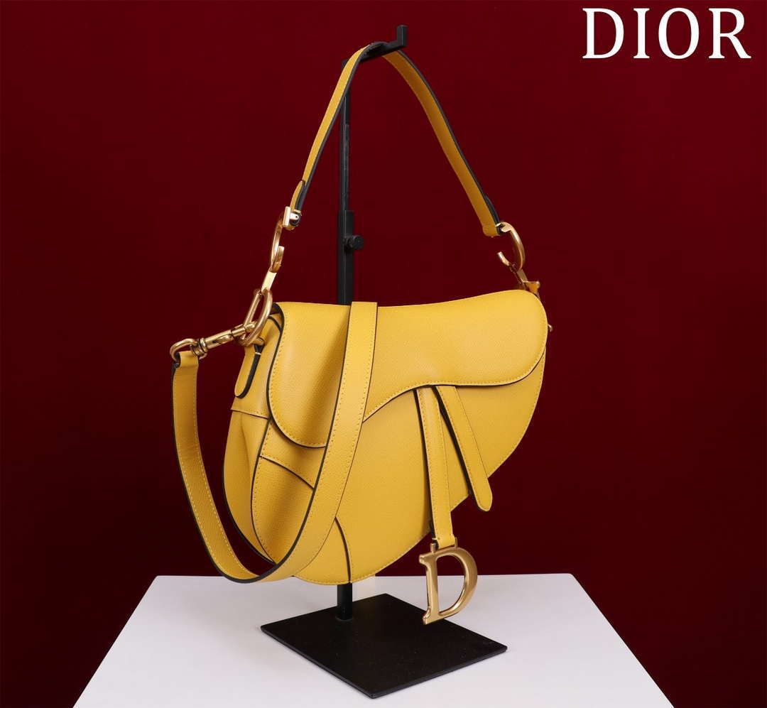 Dior M0455 Saddle Bag With Strap plain weave Yellow Calfskin M0456