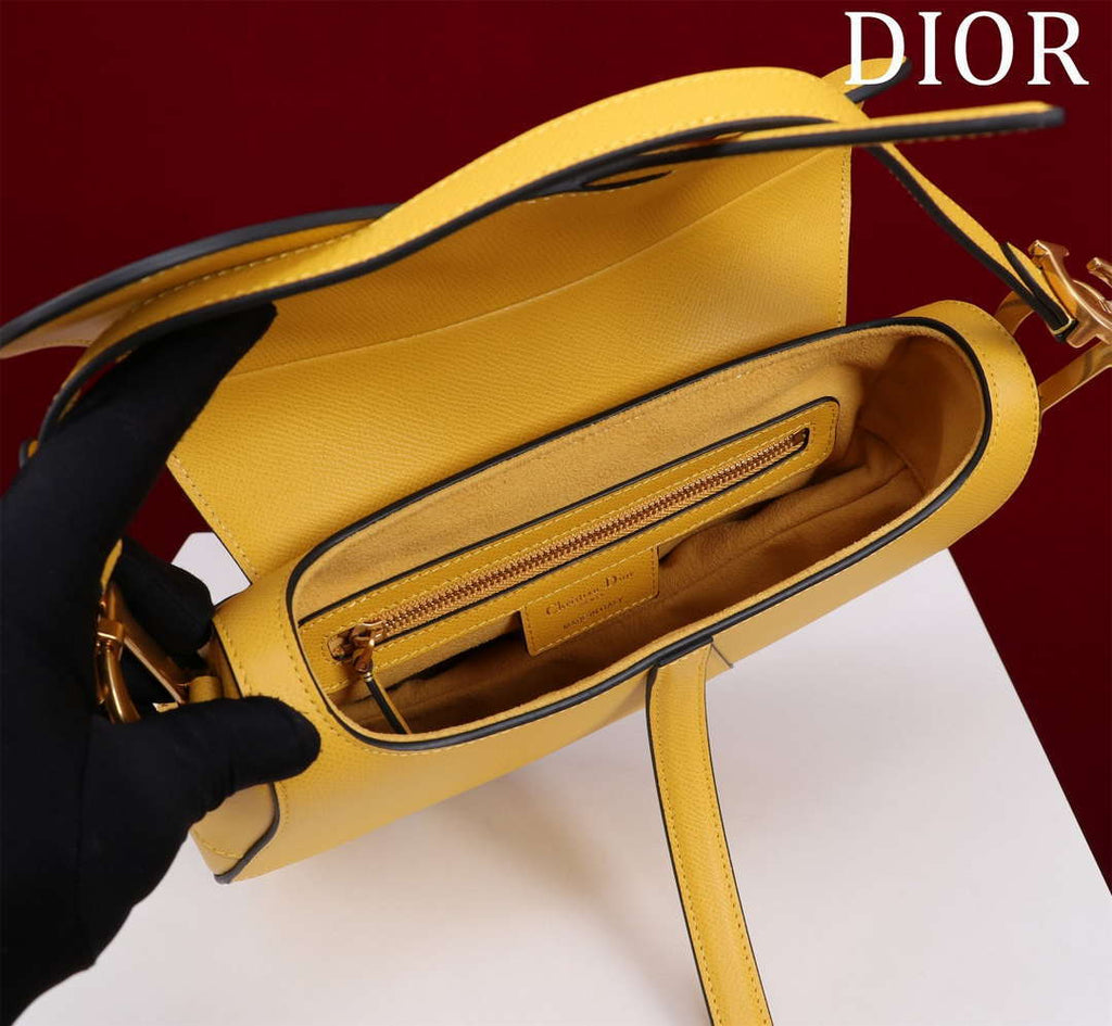 Dior M0455 Saddle Bag With Strap plain weave Yellow Calfskin M0456