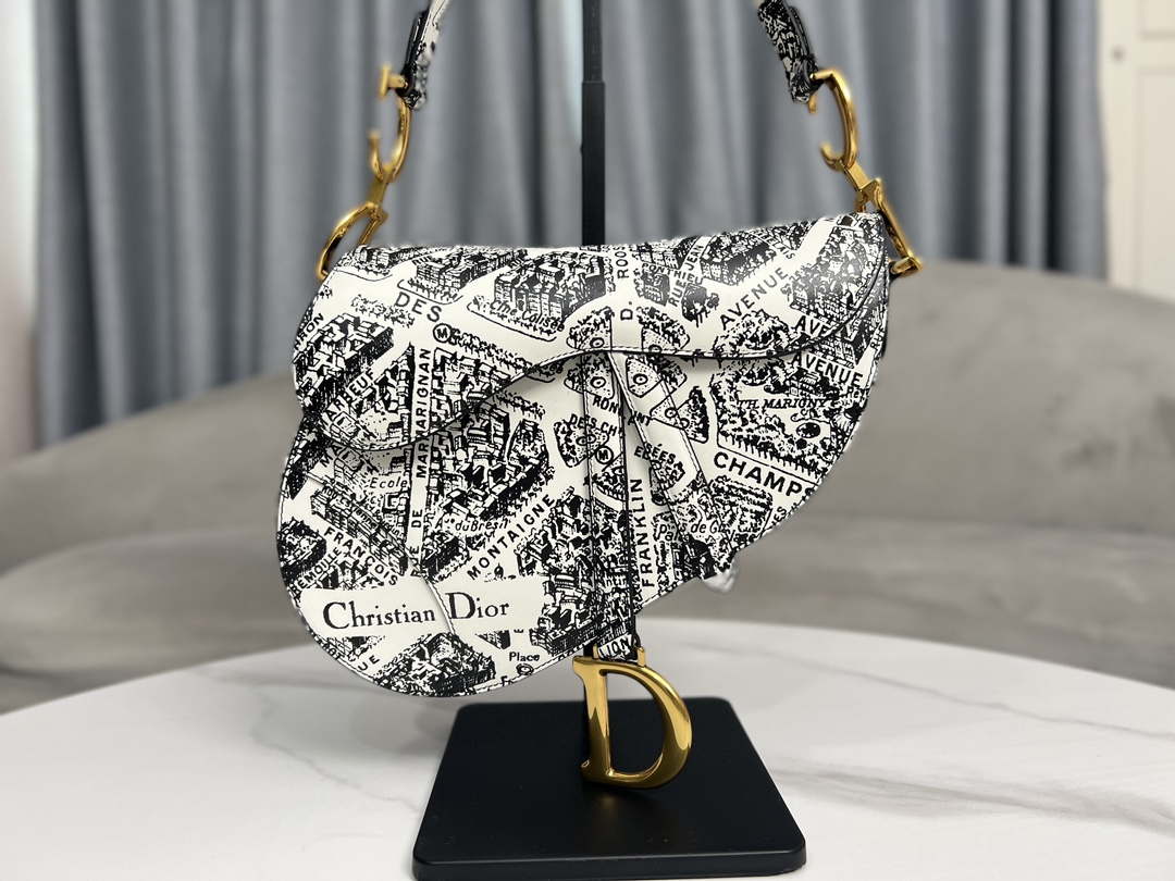 Dior M0455 Saddle Bag With Strap Ultramatte Calfskin White & Black