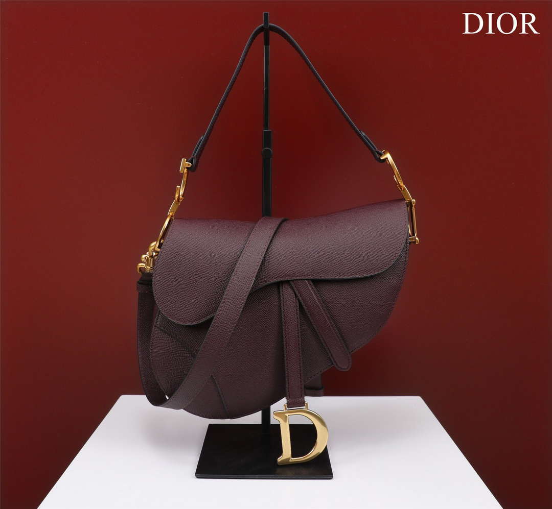 Dior M0456 Mini Saddle Bag With Strap Wine Red Grained Calfskin - Default Title - View 1