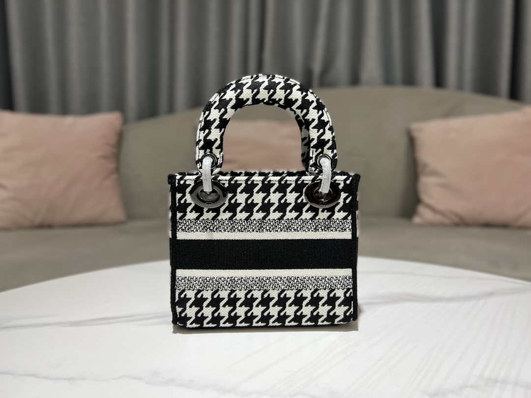 Dior M0500 MINI Lady D-LITE Bag Black and White Houndstooth Embroidery - Default Title - View 4
