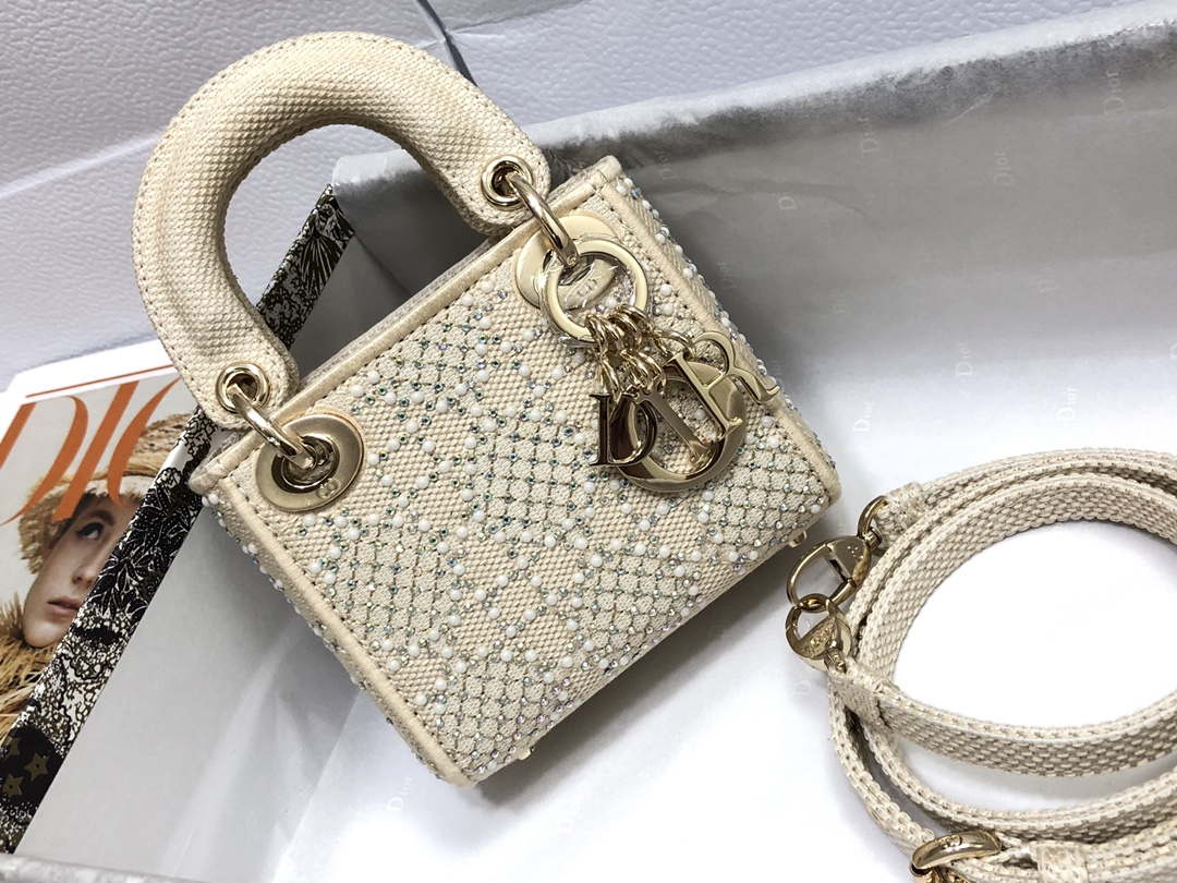 Dior M0505 Mini Dior Lady Bag Apricot Metallic Cannage Lambskin with Embroidered Beads - Default Title - View 1