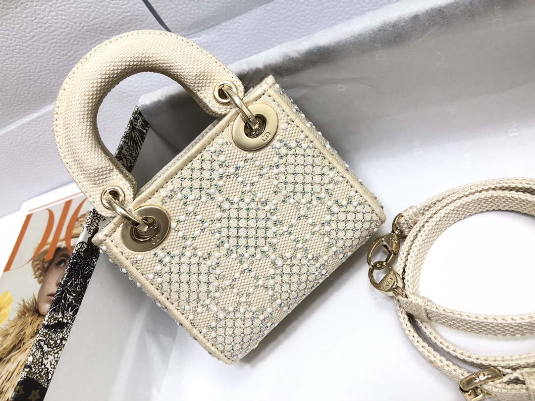 Dior M0505 Mini Dior Lady Bag Apricot Metallic Cannage Lambskin with Embroidered Beads