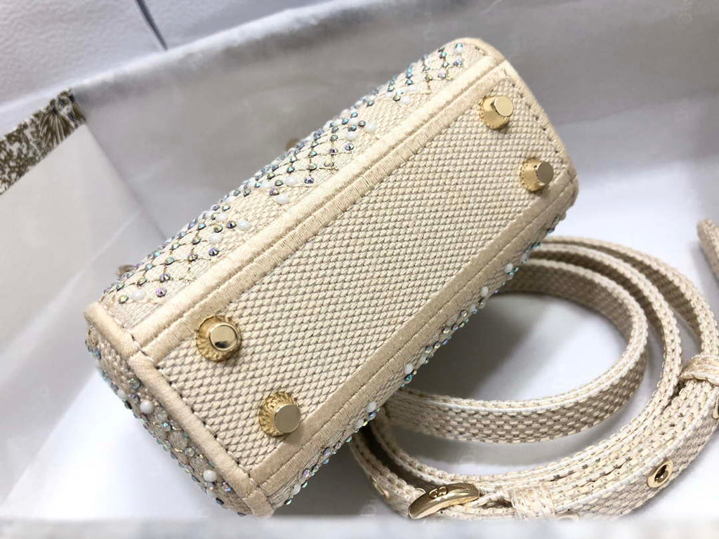 Dior M0505 Mini Dior Lady Bag Apricot Metallic Cannage Lambskin with Embroidered Beads