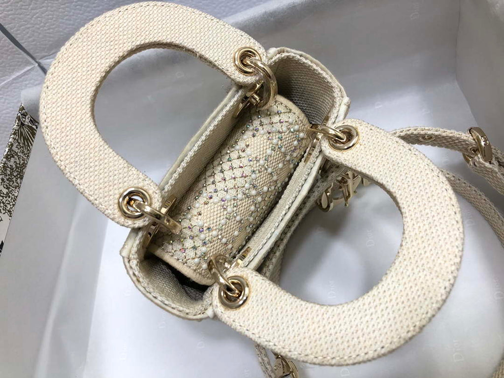 Dior M0505 Mini Dior Lady Bag Apricot Metallic Cannage Lambskin with Embroidered Beads