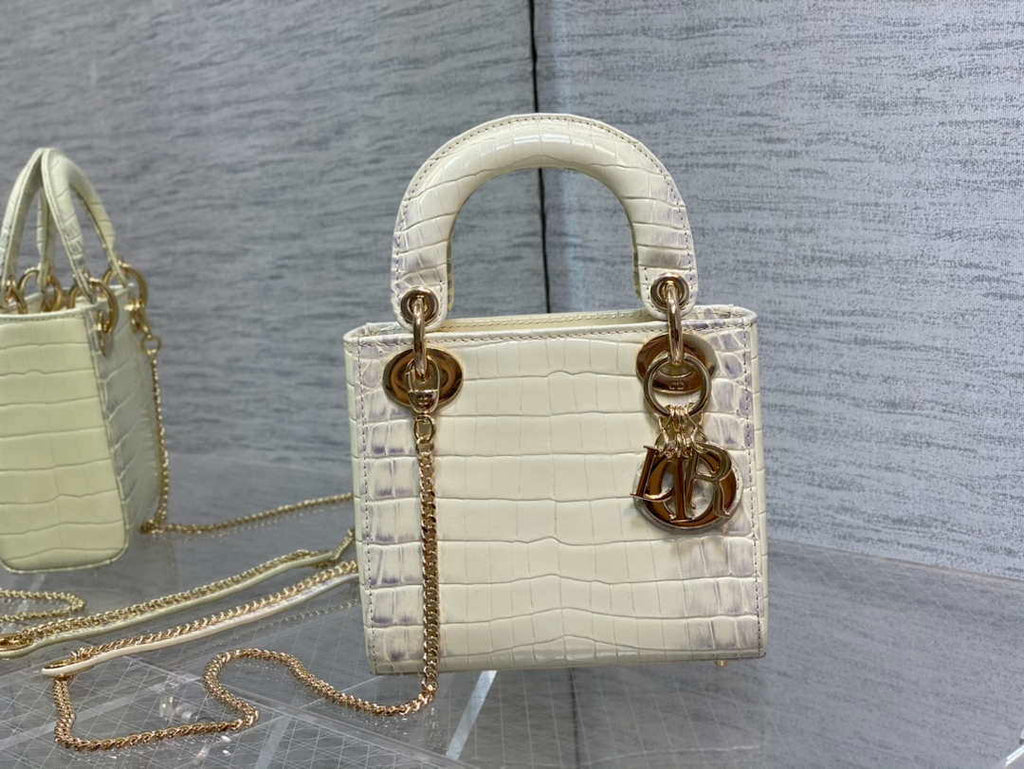 Dior M0505 Mini Dior Lady Bag Beige Cannage Crocodile Gold