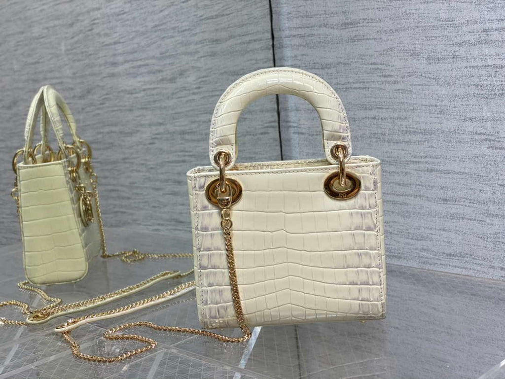 Dior M0505 Mini Dior Lady Bag Beige Cannage Crocodile Gold