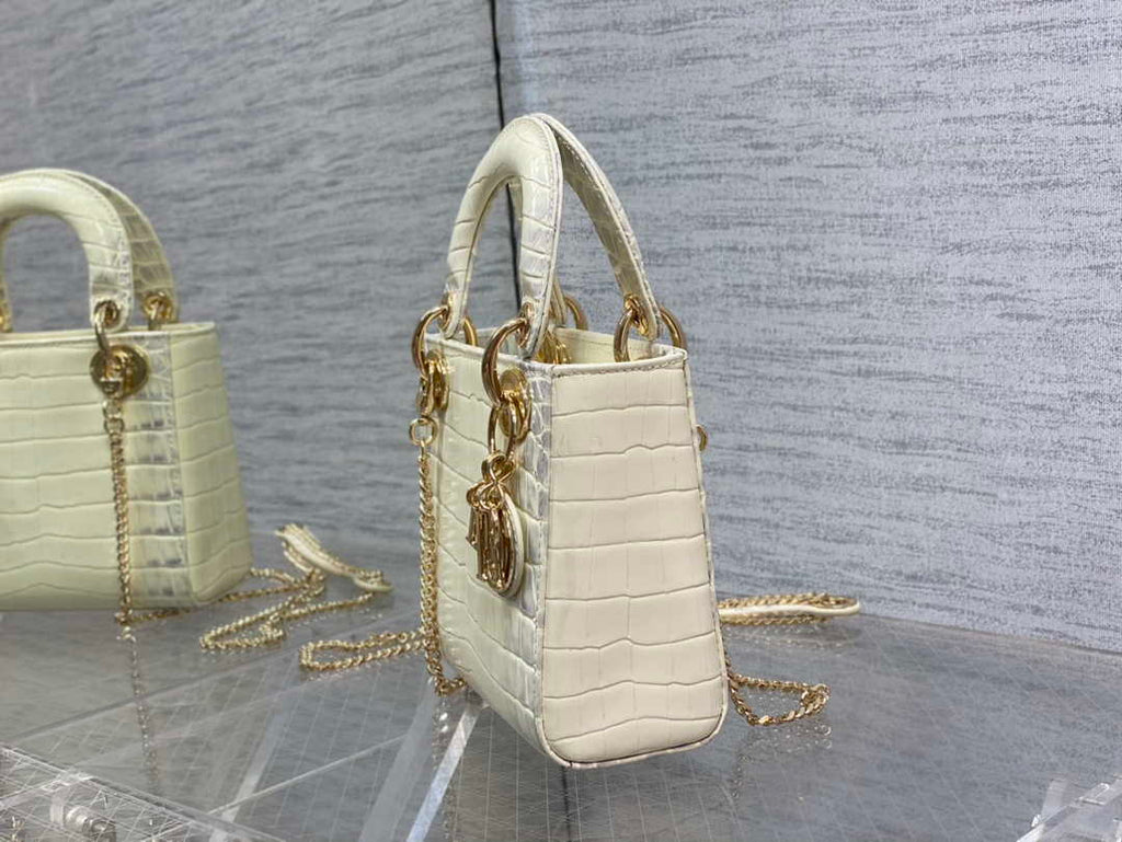 Dior M0505 Mini Dior Lady Bag Beige Cannage Crocodile Gold