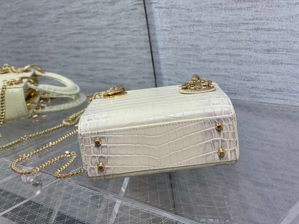 Dior M0505 Mini Dior Lady Bag Beige Cannage Crocodile Gold