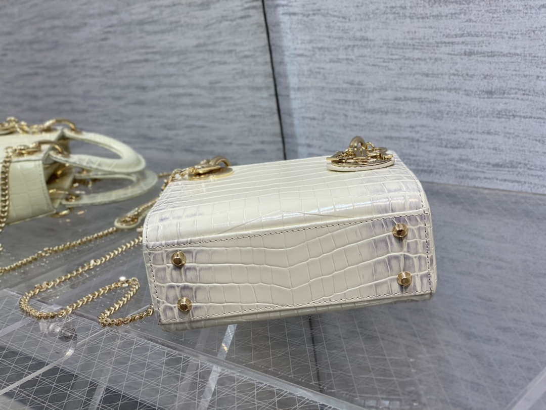 Dior M0505 Mini Dior Lady Bag Beige Cannage Crocodile Gold