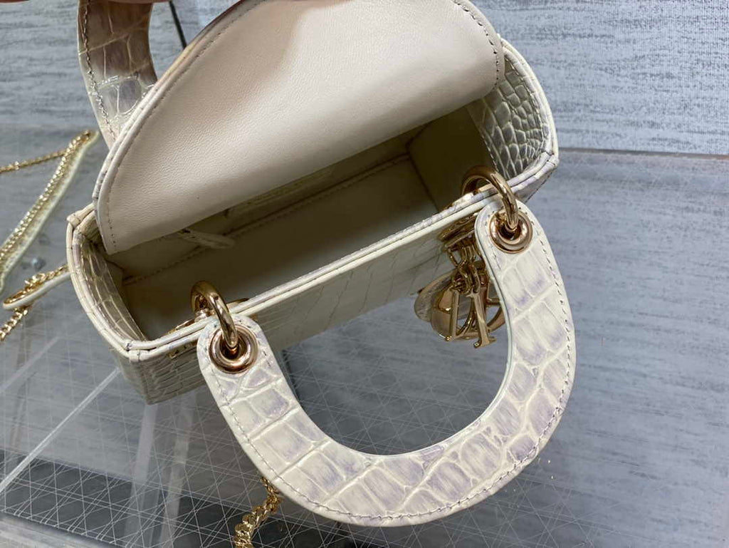 Dior M0505 Mini Dior Lady Bag Beige Cannage Crocodile Gold