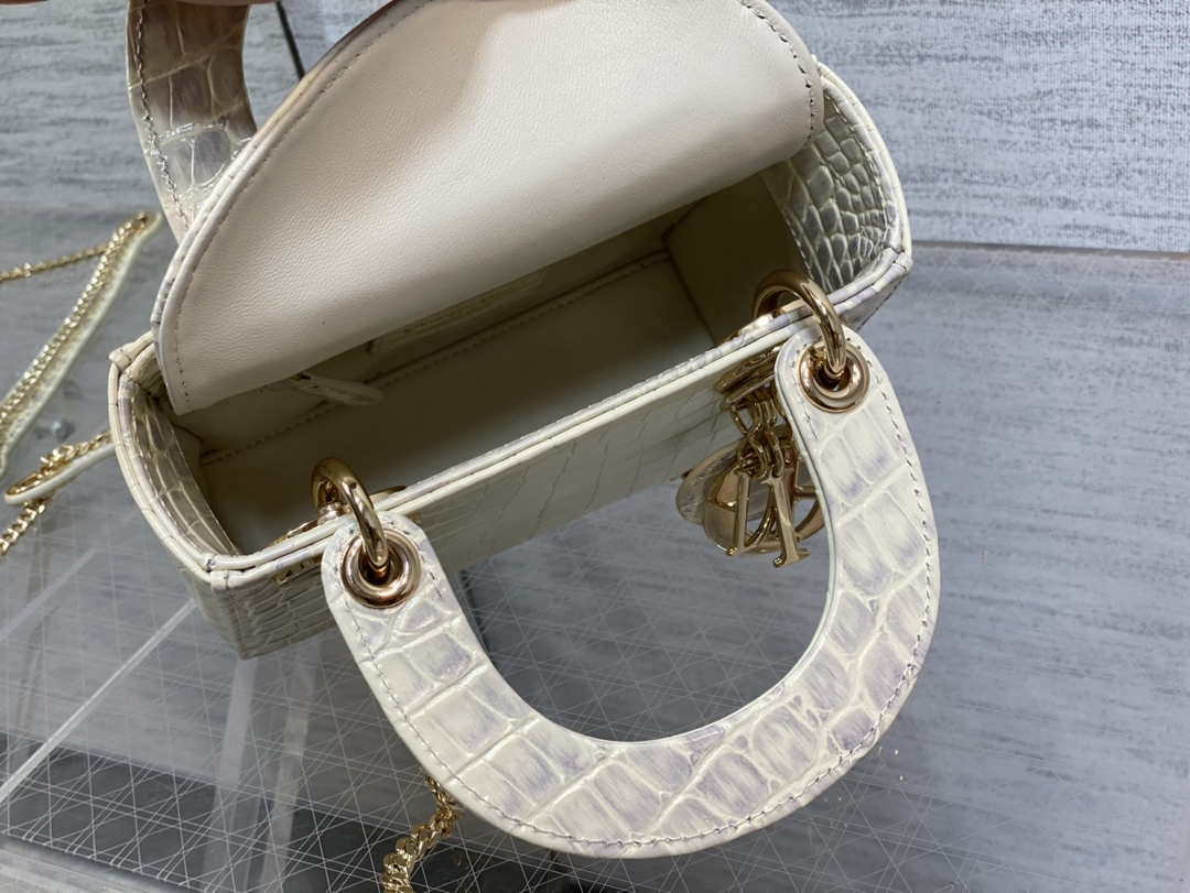 Dior M0505 Mini Dior Lady Bag Beige Cannage Crocodile Gold