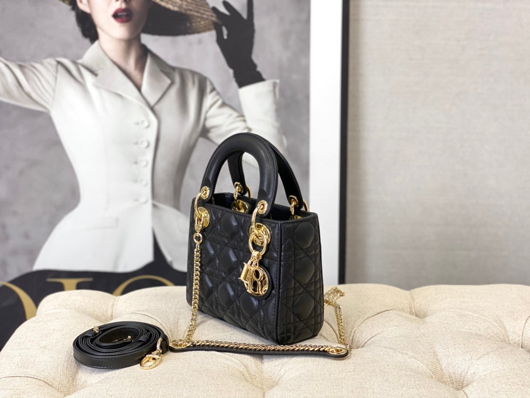 Dior M0505 Mini Dior Lady Bag Black Cannage lambskin Gold