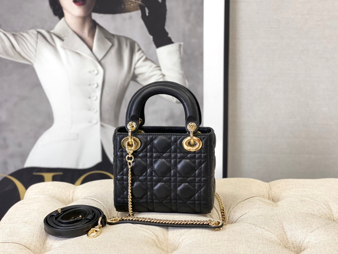 Dior M0505 Mini Dior Lady Bag Black Cannage lambskin Gold