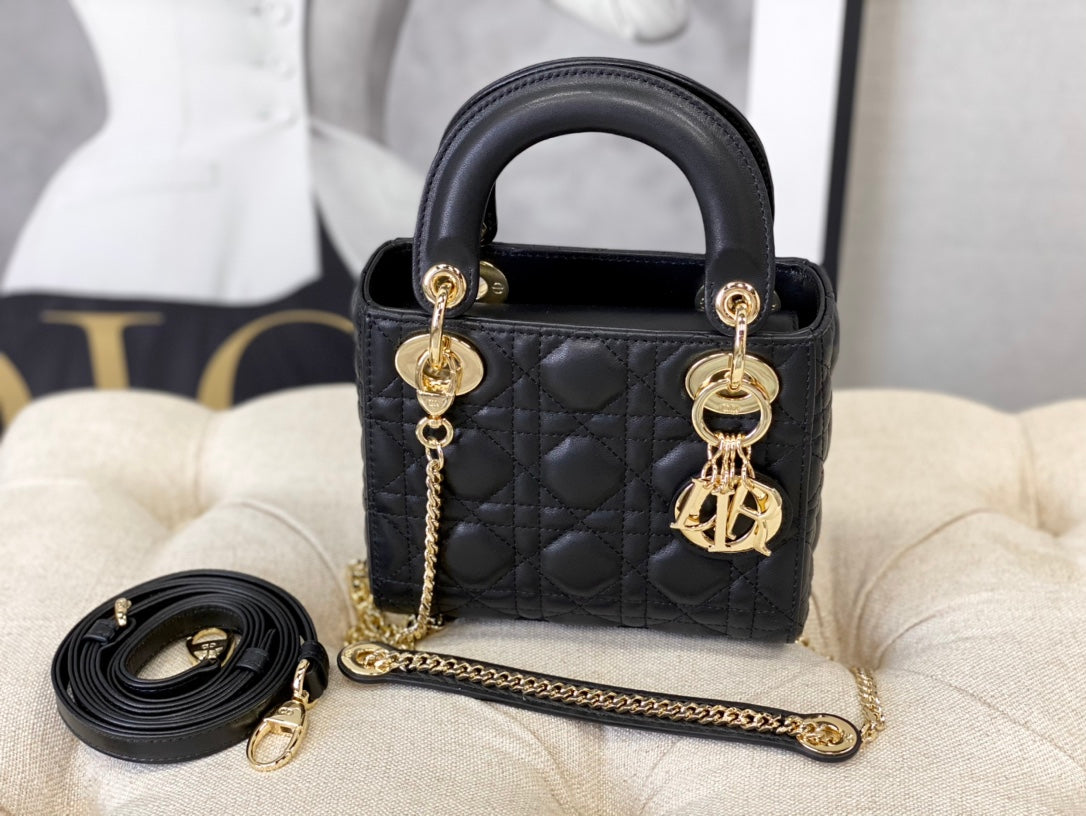 Dior M0505 Mini Dior Lady Bag Black Cannage lambskin Gold