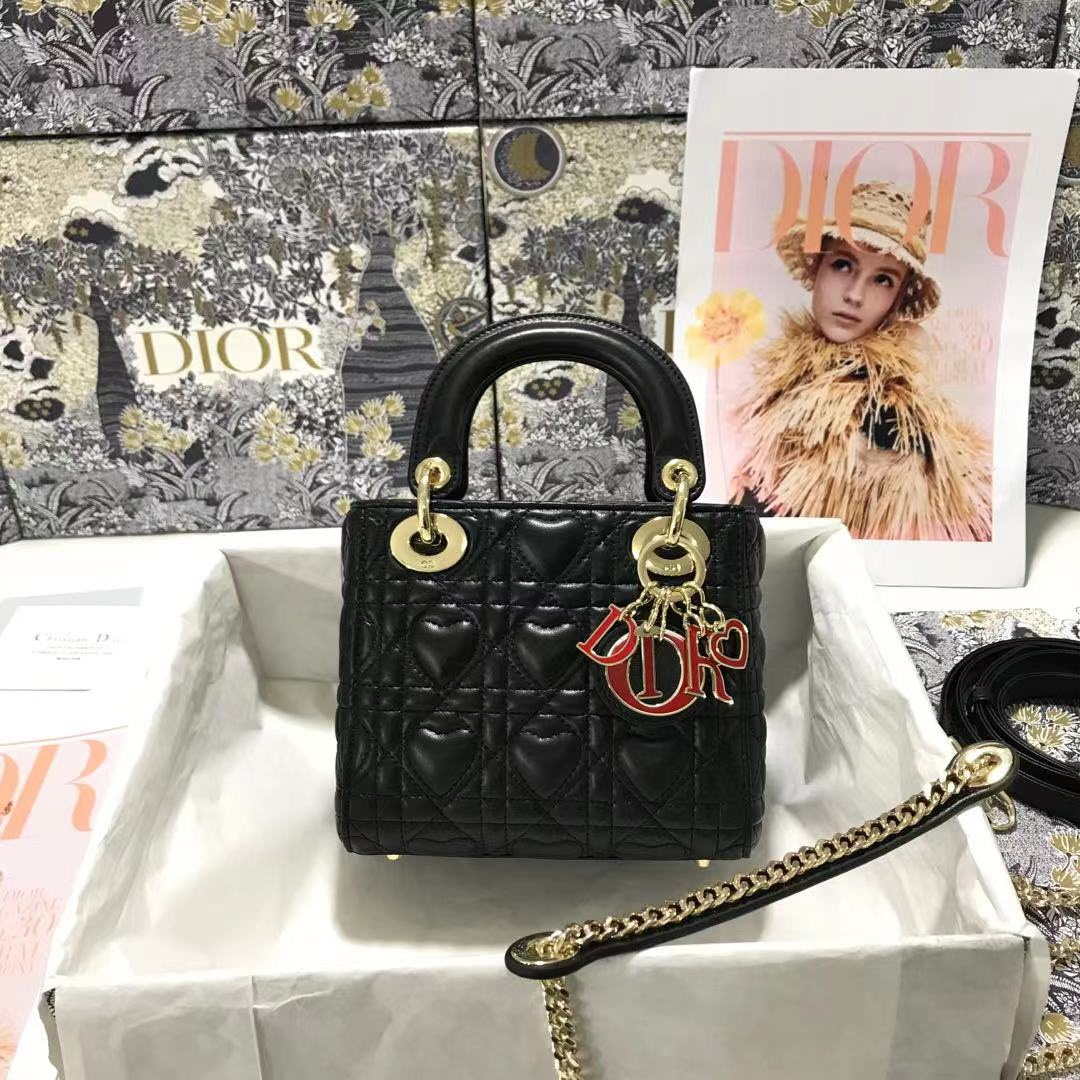 Dior M0505 Mini Dior Lady Bag Black Cannage lambskin Gold with Red Logo - Default Title - View 1