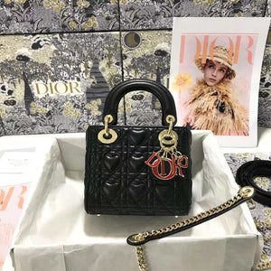 Dior M0505 Mini Dior Lady Bag Black Cannage lambskin Gold with Red Logo - Default Title - View 1