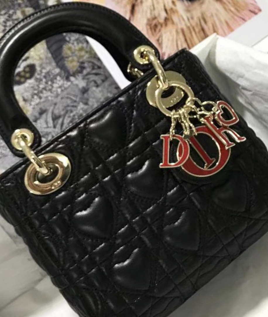 Dior M0505 Mini Dior Lady Bag Black Cannage lambskin Gold with Red Logo