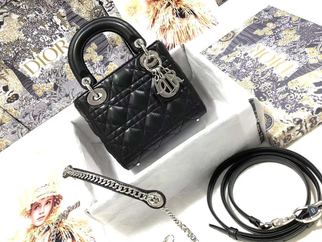 Dior M0505 Mini Dior Lady Bag Black Cannage lambskin Sliver - Default Title - View 1