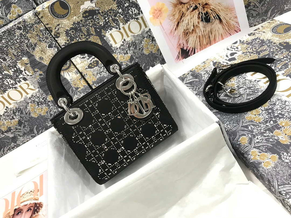 Dior M0505 Mini Dior Lady Bag Black Metallic Cannage Lambskin with Beaded Embroidery
