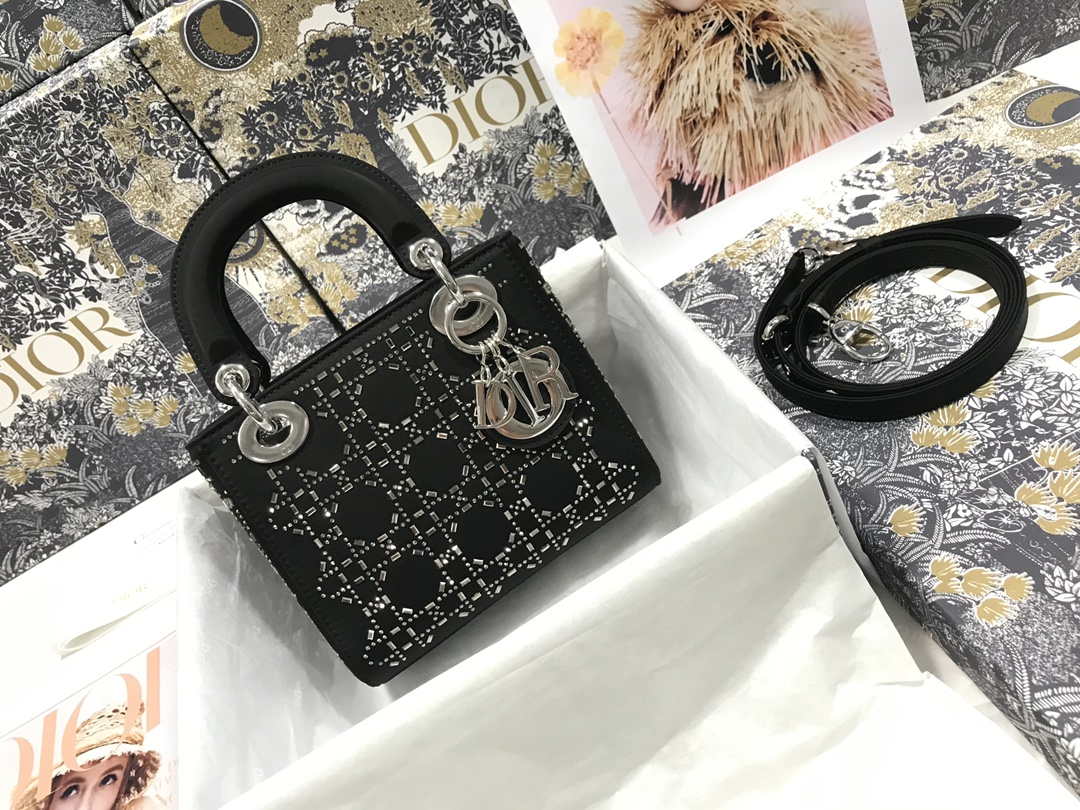 Dior M0505 Mini Dior Lady Bag Black Metallic Cannage Lambskin with Beaded Embroidery