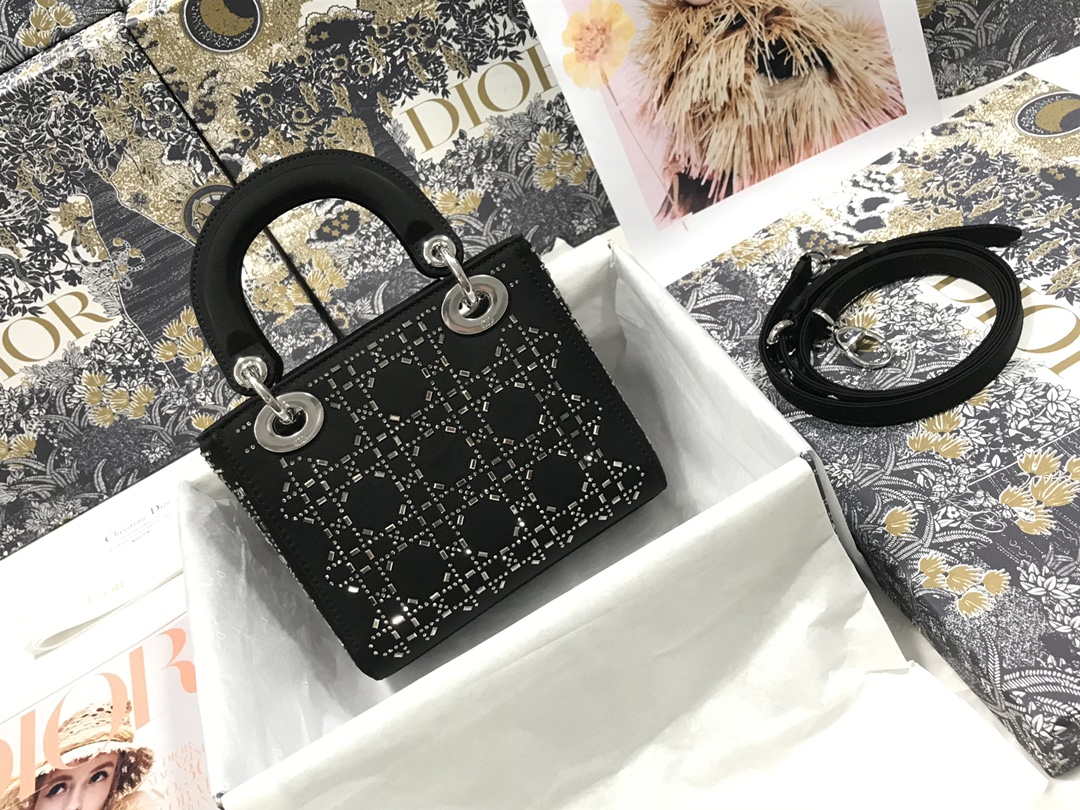 Dior M0505 Mini Dior Lady Bag Black Metallic Cannage Lambskin with Beaded Embroidery - Default Title - View 2