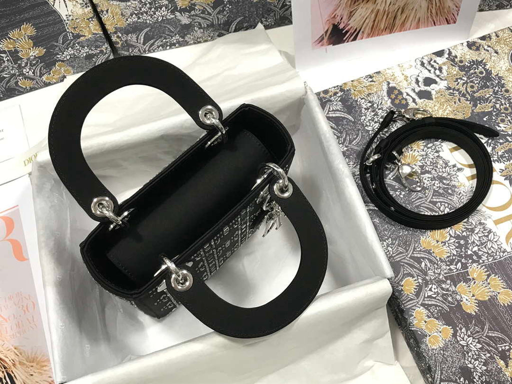 Dior M0505 Mini Dior Lady Bag Black Metallic Cannage Lambskin with Beaded Embroidery