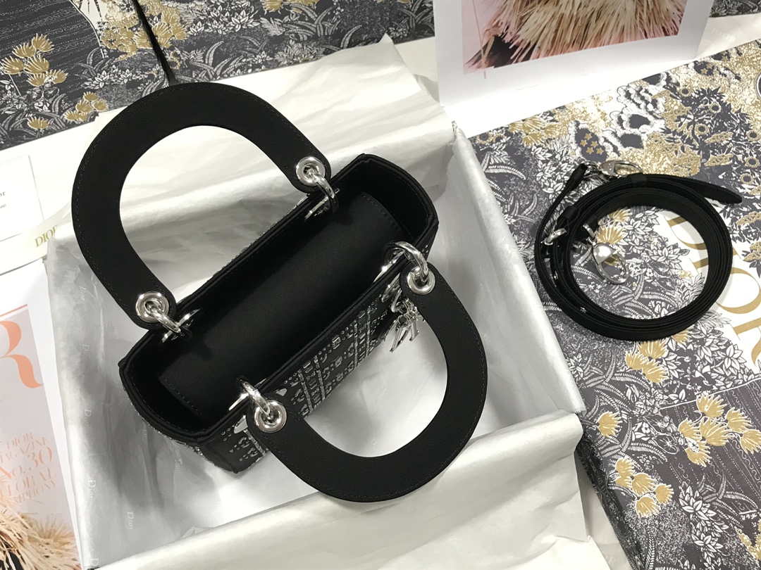 Dior M0505 Mini Dior Lady Bag Black Metallic Cannage Lambskin with Beaded Embroidery