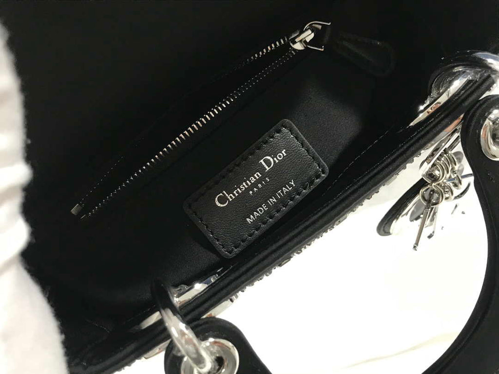 Dior M0505 Mini Dior Lady Bag Black Metallic Cannage Lambskin with Beaded Embroidery
