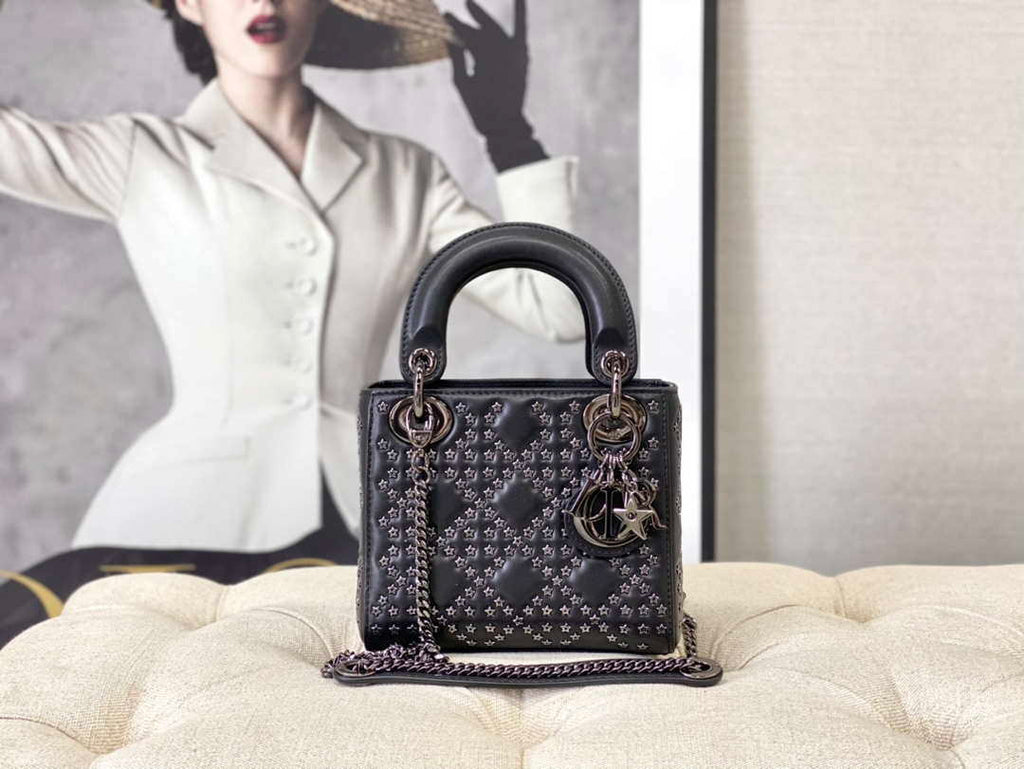 Dior  Mini Dior Lady Bag Navy Black Metallic Cannage Lambskin with Beaded Embroidery M0505 Black