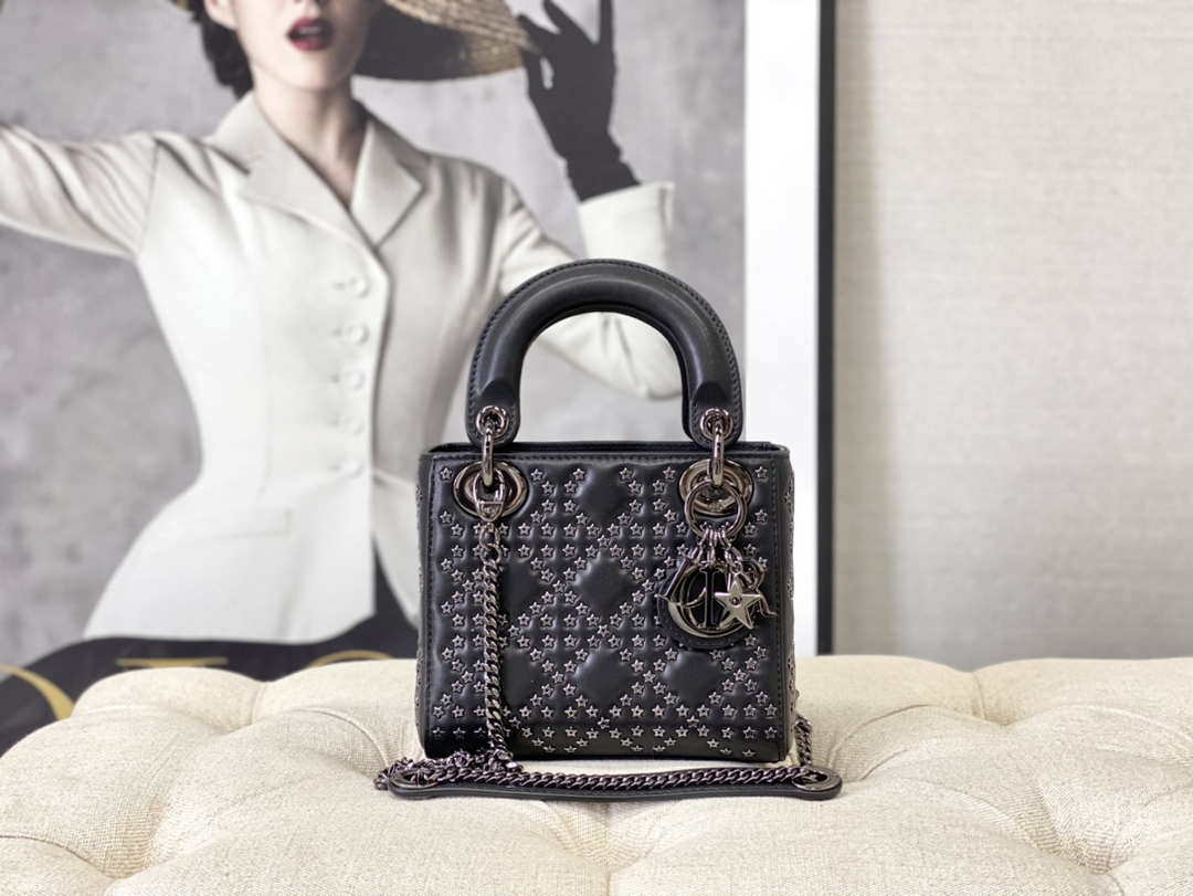 Dior  Mini Dior Lady Bag Navy Black Metallic Cannage Lambskin with Beaded Embroidery M0505 Black