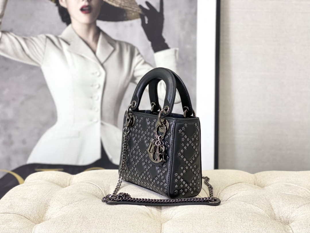 Dior  Mini Dior Lady Bag Navy Black Metallic Cannage Lambskin with Beaded Embroidery M0505 Black