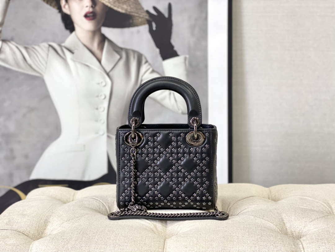 Dior  Mini Dior Lady Bag Navy Black Metallic Cannage Lambskin with Beaded Embroidery M0505 Black