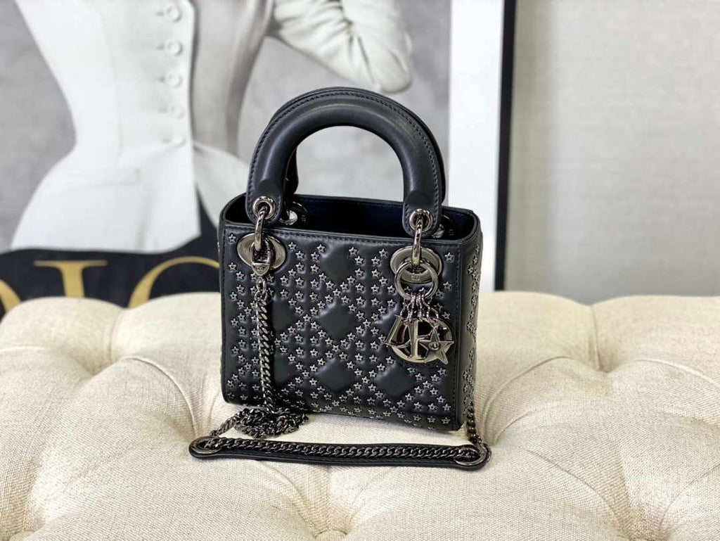 Dior  Mini Dior Lady Bag Navy Black Metallic Cannage Lambskin with Beaded Embroidery M0505 Black