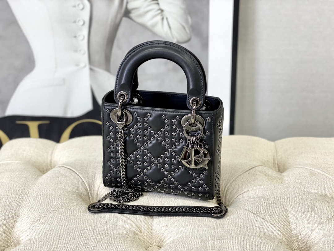 Dior  Mini Dior Lady Bag Navy Black Metallic Cannage Lambskin with Beaded Embroidery M0505 Black