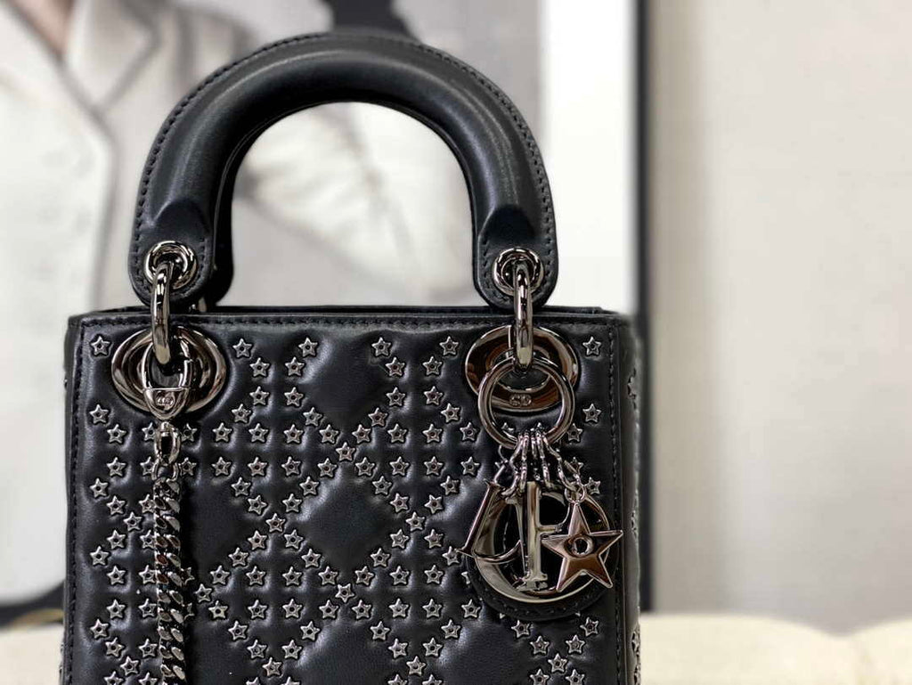 Dior  Mini Dior Lady Bag Navy Black Metallic Cannage Lambskin with Beaded Embroidery M0505 Black