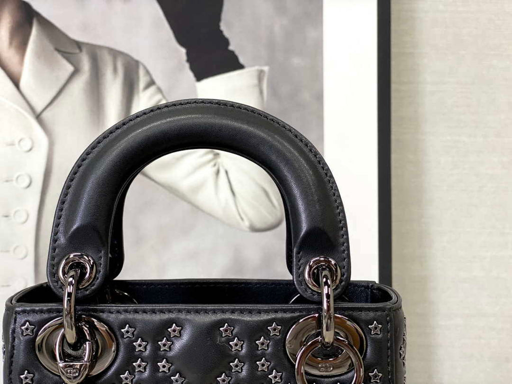 Dior  Mini Dior Lady Bag Navy Black Metallic Cannage Lambskin with Beaded Embroidery M0505 Black