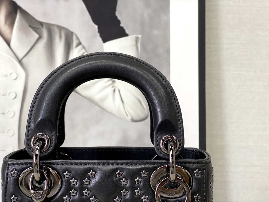 Dior  Mini Dior Lady Bag Navy Black Metallic Cannage Lambskin with Beaded Embroidery M0505 Black