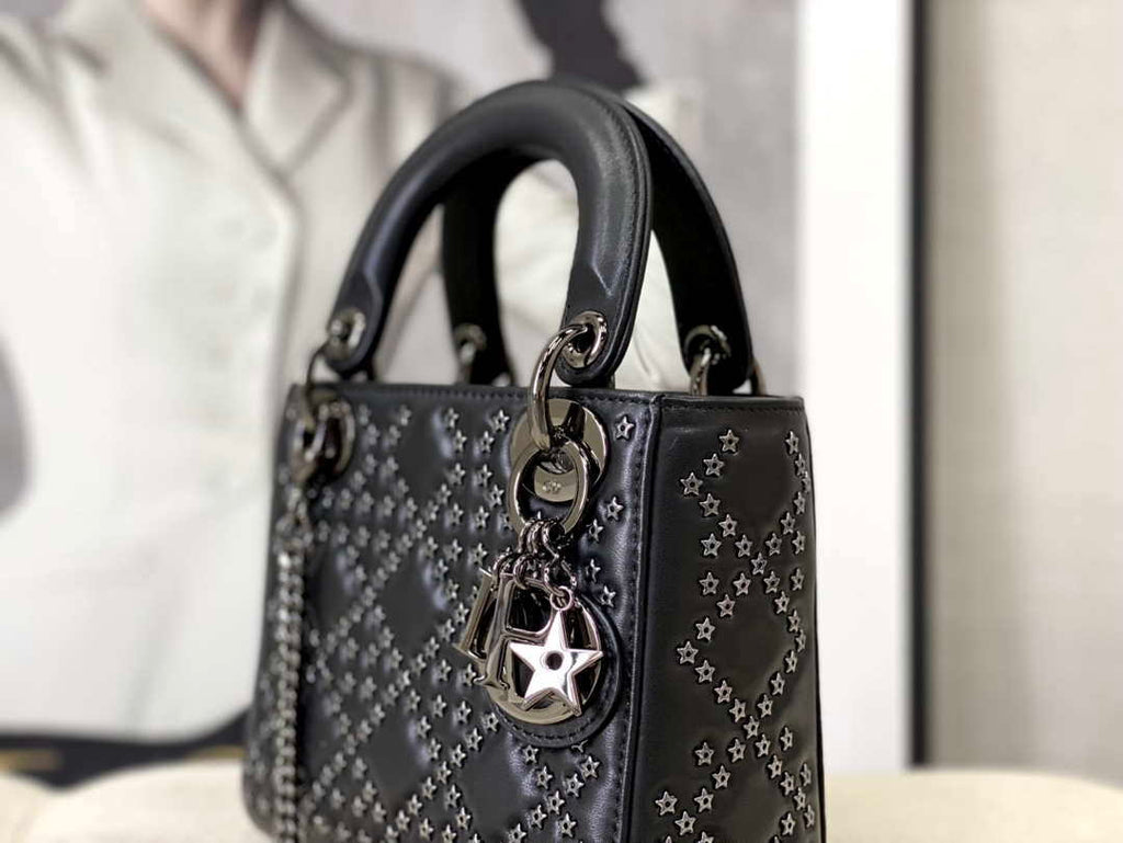 Dior  Mini Dior Lady Bag Navy Black Metallic Cannage Lambskin with Beaded Embroidery M0505 Black