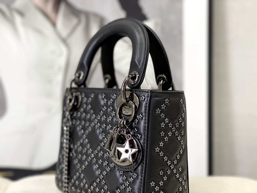 Dior  Mini Dior Lady Bag Navy Black Metallic Cannage Lambskin with Beaded Embroidery M0505 Black