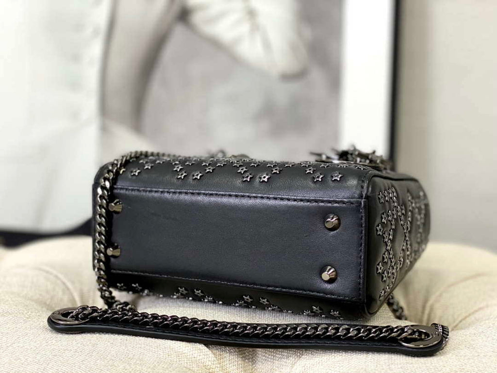 Dior  Mini Dior Lady Bag Navy Black Metallic Cannage Lambskin with Beaded Embroidery M0505 Black