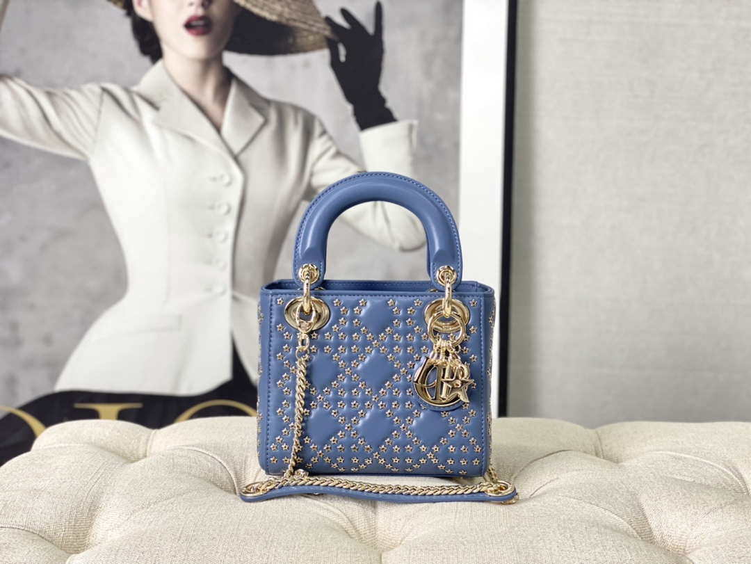 Dior M0505 Mini Dior Lady Bag Blue Metallic Cannage Lambskin with Beaded Embroidery - Default Title - View 1