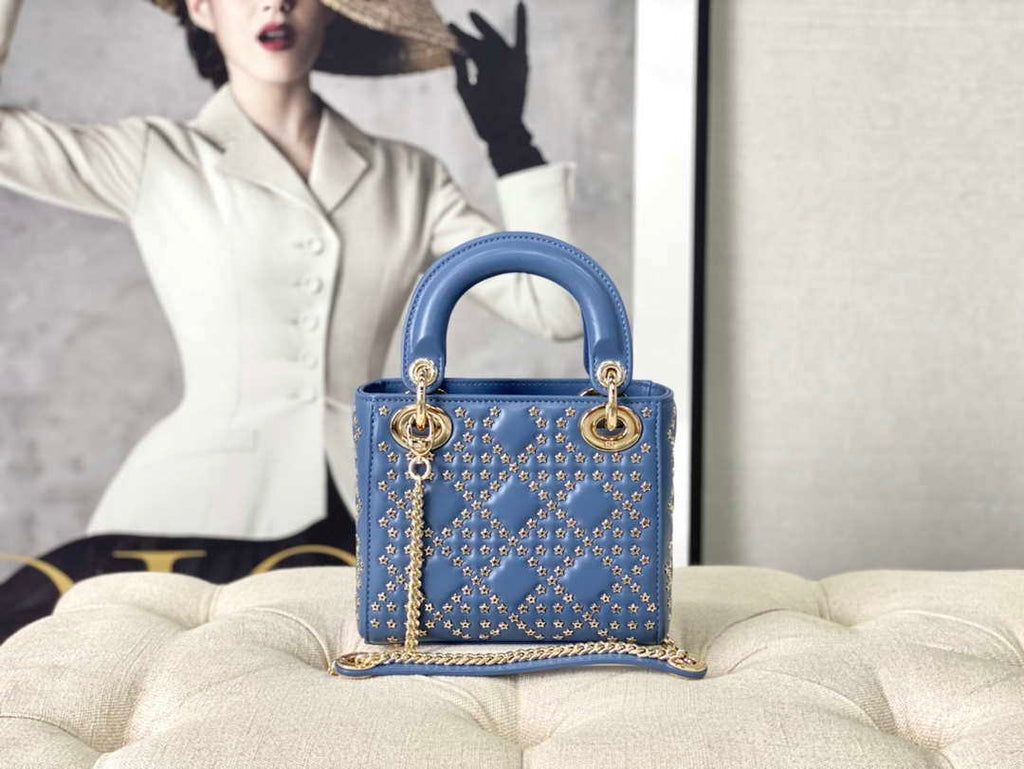Dior M0505 Mini Dior Lady Bag Blue Metallic Cannage Lambskin with Beaded Embroidery