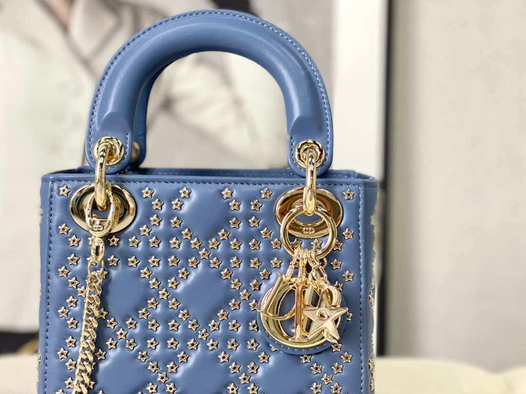 Dior M0505 Mini Dior Lady Bag Blue Metallic Cannage Lambskin with Beaded Embroidery