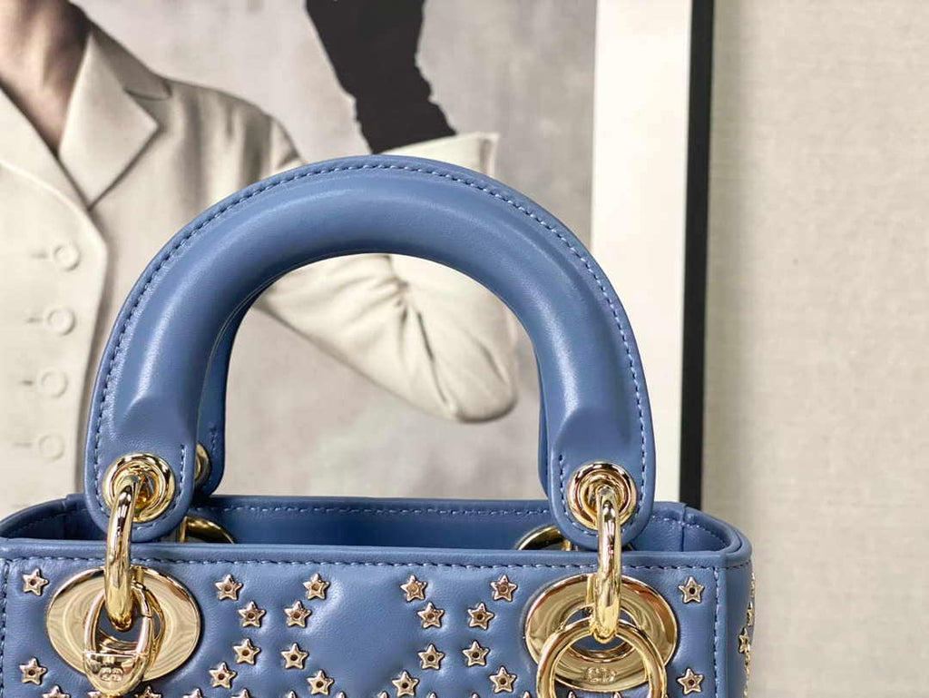 Dior M0505 Mini Dior Lady Bag Blue Metallic Cannage Lambskin with Beaded Embroidery