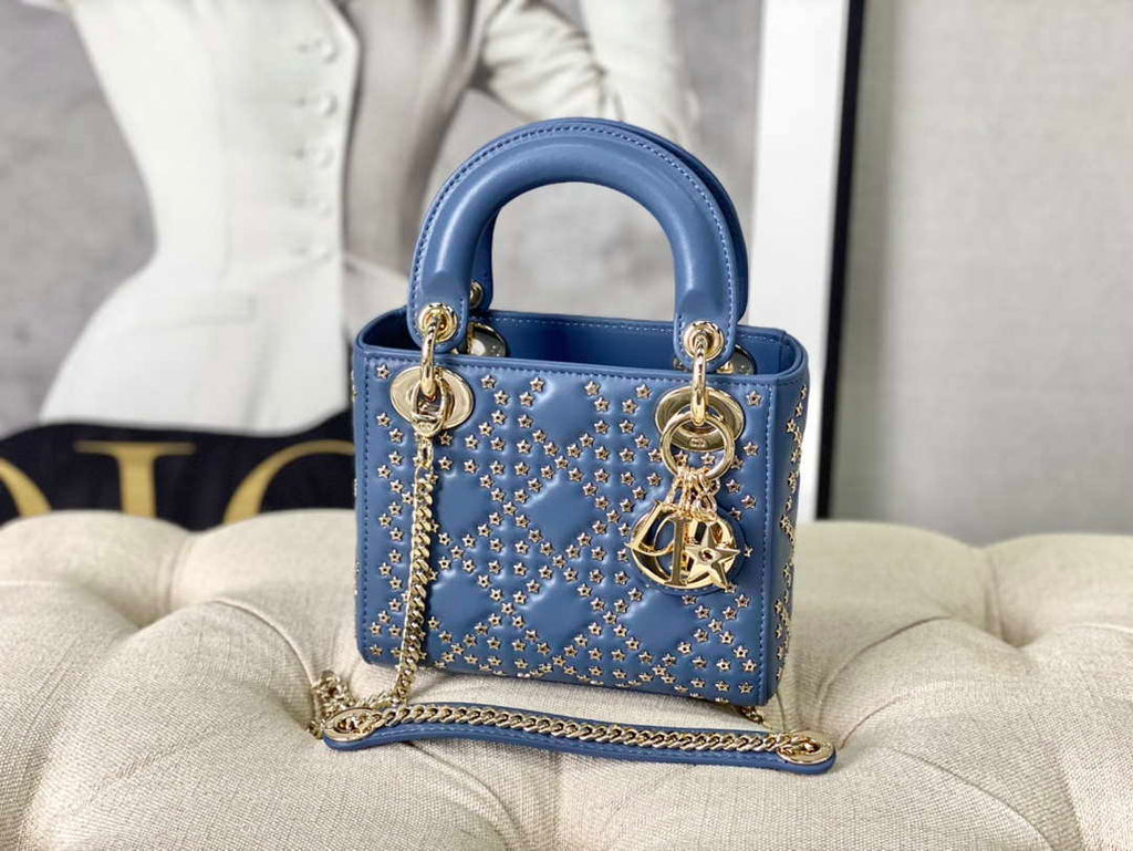 Dior M0505 Mini Dior Lady Bag Blue Metallic Cannage Lambskin with Beaded Embroidery