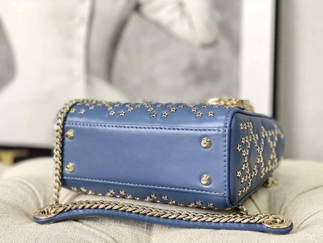 Dior M0505 Mini Dior Lady Bag Blue Metallic Cannage Lambskin with Beaded Embroidery